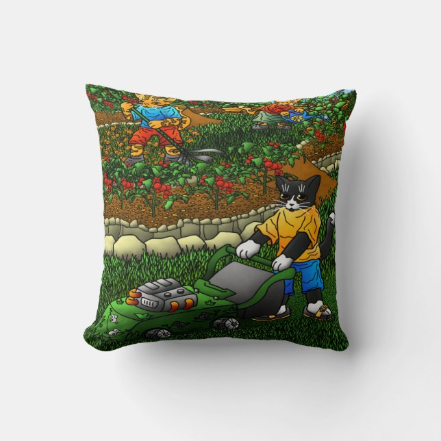 Summer Gardening Cats Throw Pillow (Front)