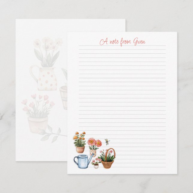Summer Gardening Lined Personal Note Paper Card (Front/Back)