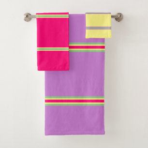 Summer Geometric Stripes Yellow Fuchsia Lavender Bath Towel Set