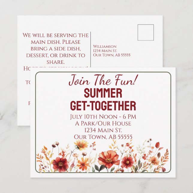 Summer Get-Together Potluck BBQ Invite Postcard (Front/Back)