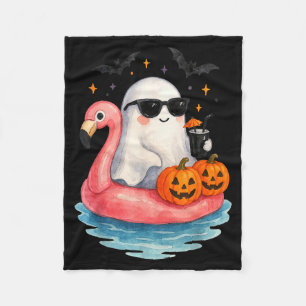 Summer Ghost Watercolor Cute Ghost With Flamingo F Fleece Blanket