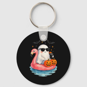 Summer Ghost Watercolor Cute Ghost With Flamingo F Keychain