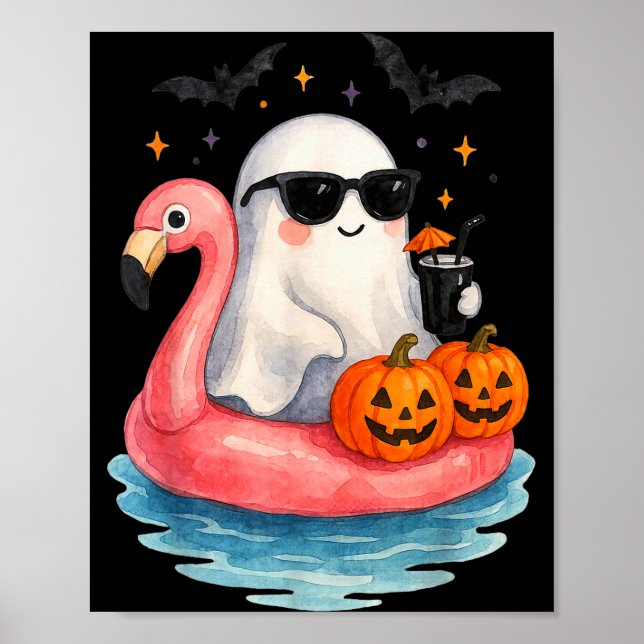 Summer Ghost Watercolor Cute Ghost With Flamingo F Poster (Front)