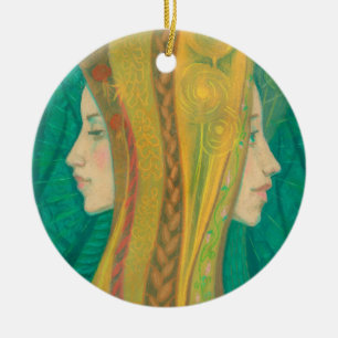 Summer, girls, fantasy art, forest, green & yellow ceramic ornament