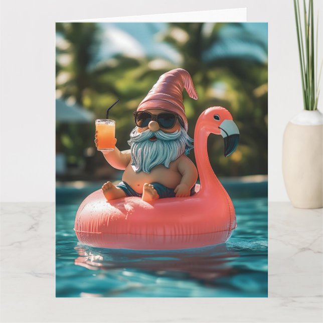 Summer Gnome in Sunglasses on Flamingo Float Card (Front)