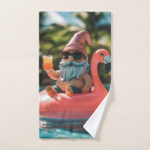 Summer Gnome in Sunglasses on Flamingo Float Hand Towel