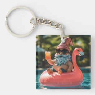 Summer Gnome in Sunglasses on Flamingo Float Keychain