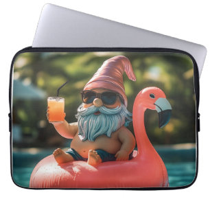 Summer Gnome in Sunglasses on Flamingo Float Laptop Sleeve