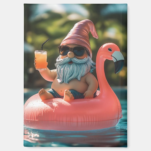 Summer Gnome in Sunglasses on Flamingo Float Magnet (Front)