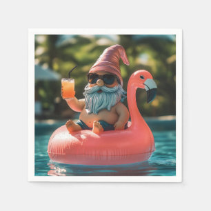 Summer Gnome in Sunglasses on Flamingo Float Napkin
