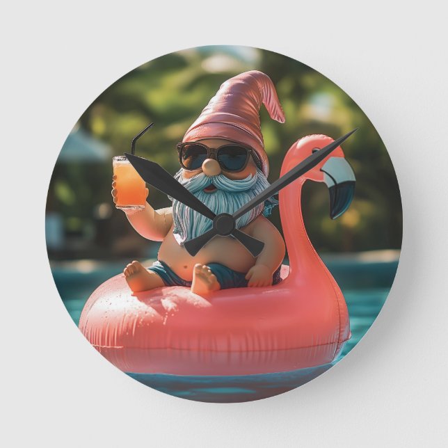 Summer Gnome in Sunglasses on Flamingo Float Round Clock (Front)