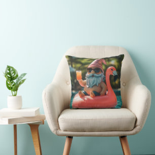 Summer Gnome in Sunglasses on Flamingo Float Throw Pillow