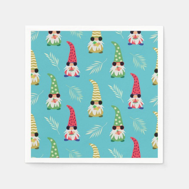 Summer gnomes holding fruits on Blue Pattern  Napkin (Front)