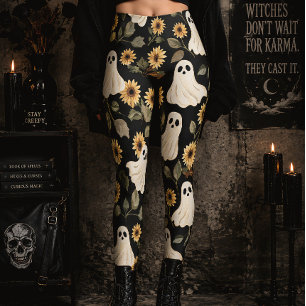 Summer Goth Ghosts & Sunflowers Spooky Floral Leggings