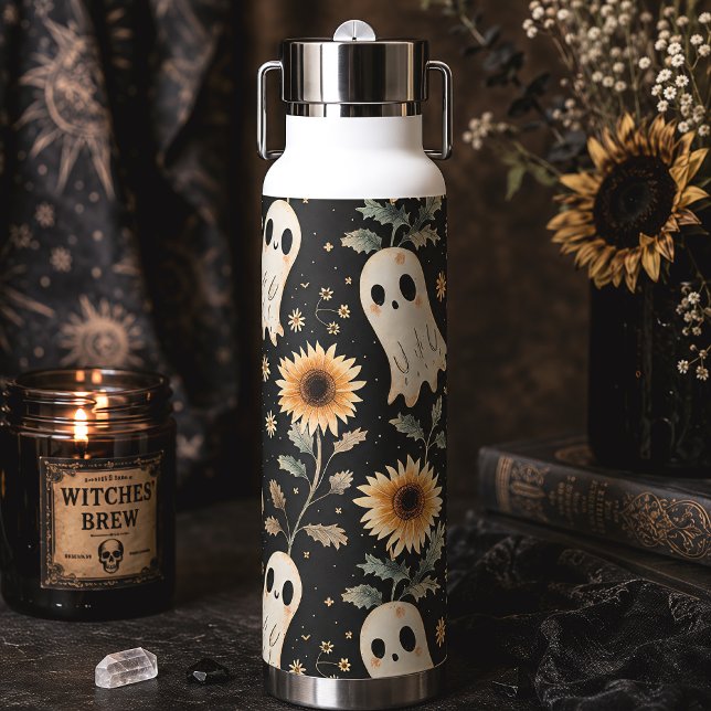 Summer Goth Ghosts & Sunflowers Spooky Water Bottle (Creator Uploaded)