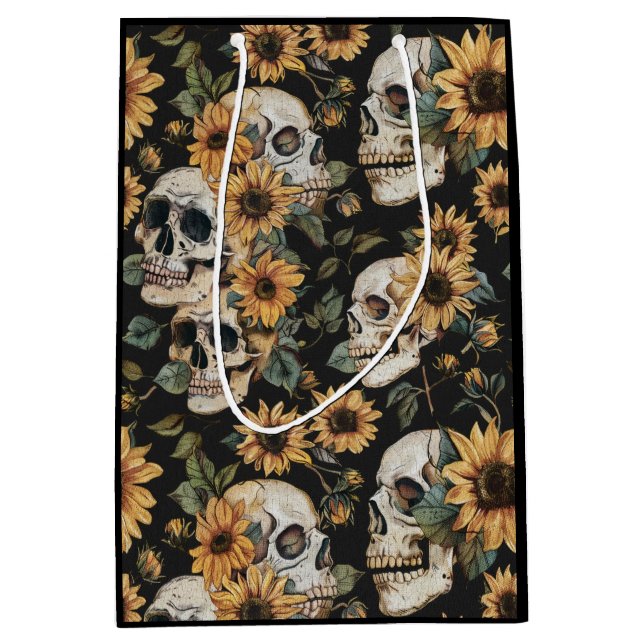 Summer Goth Skulls and Sunflowers Spooky Medium Gift Bag (Front)