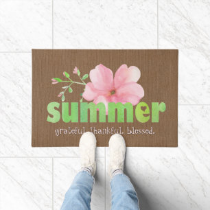 Summer Grateful Thankful Blessed Pink Green Floral Doormat