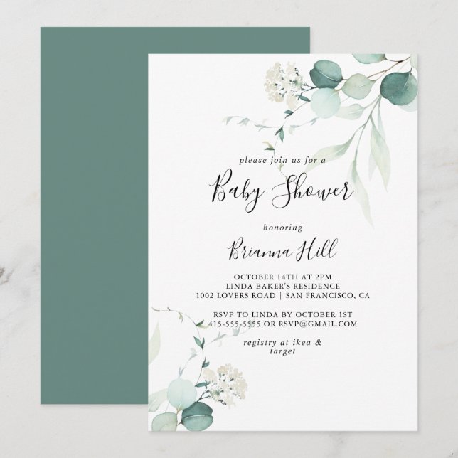 Summer Green Eucalyptus Foliage Baby Shower Invitation (Front/Back)