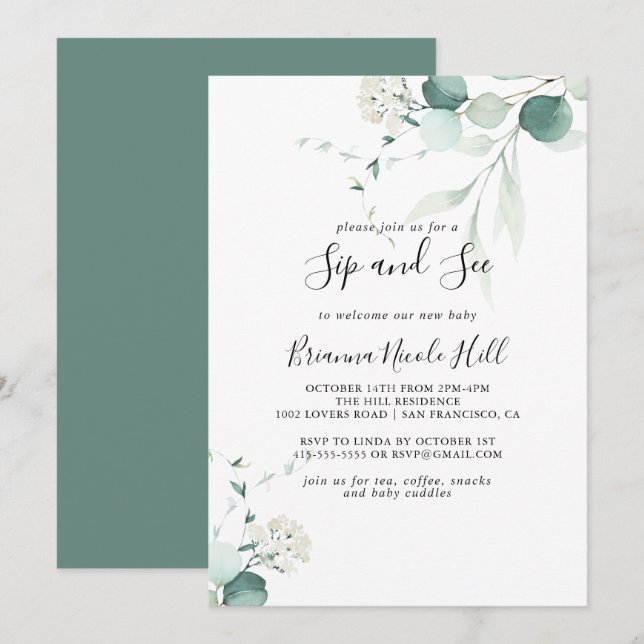 Summer Green Eucalyptus Foliage Sip and See Invitation (Front/Back)
