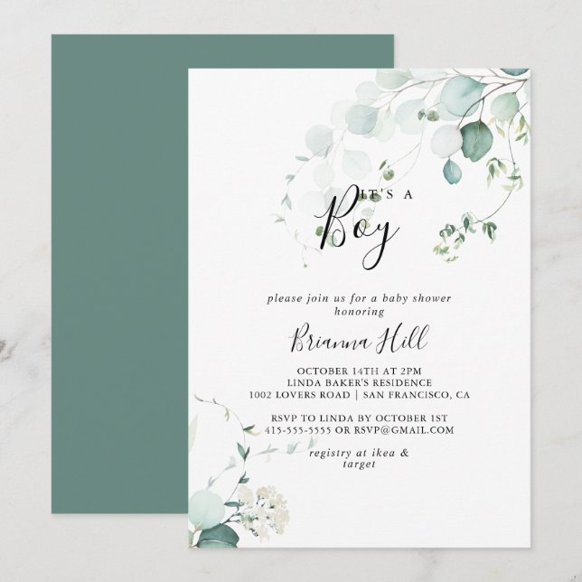 Summer Green Eucalyptus It's A Boy Baby Shower Invitation (Front/Back)