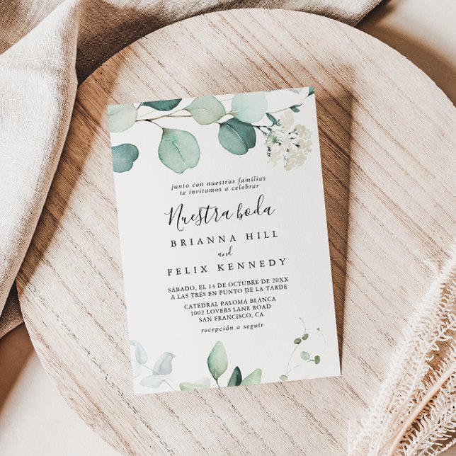 Summer Green Eucalyptus Nuestra Boda Wedding Invitation (Creator Uploaded)