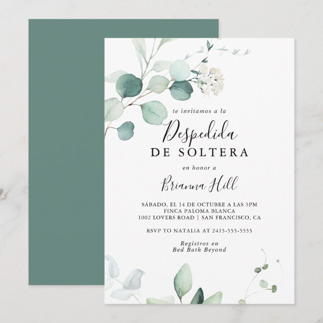 Summer Green Eucalyptus Spanish Bridal Shower Invitation (Front/Back)