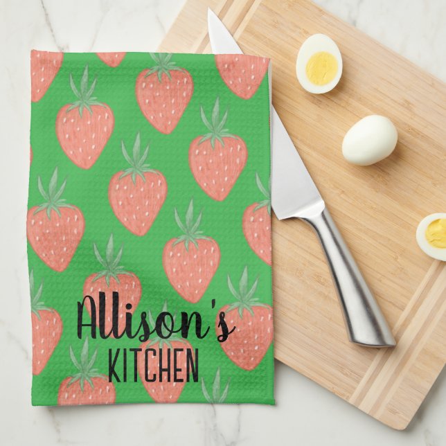 🍓 Summer Green+ Red Watercolor Strawberry Pattern Kitchen Towel (Quarter Fold)