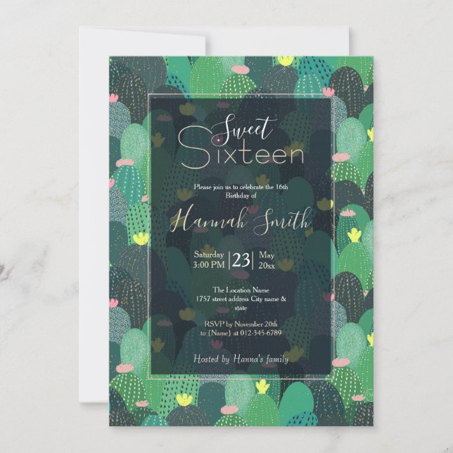 Summer Green Teal Cactus Gold dots Cute Design Invitation (Front)