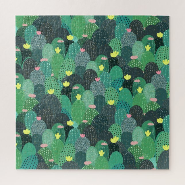 Summer Green Teal Cactus Gold dots Cute Design Jigsaw Puzzle (Vertical)