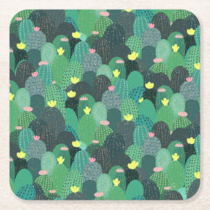 Summer Green Teal Cactus Gold dots Cute Design Square Paper Coaster