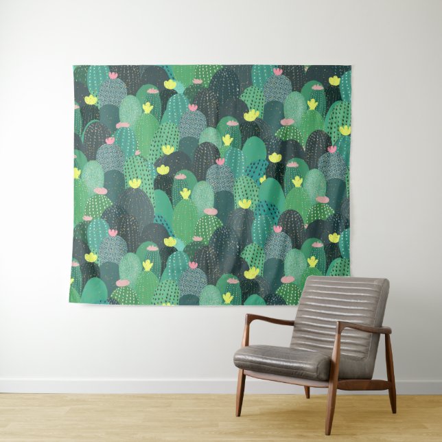 Summer Green Teal Cactus Gold dots Cute Design Tapestry (In Situ (Horizontal))