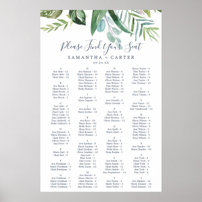 Summer Greenery Alphabetical Seating Chart (Front)