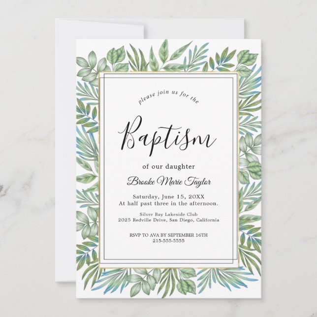 Summer Greenery Baptism Invitation (Front)
