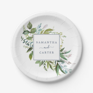 Summer Greenery Bride and Groom Wedding Paper Plate