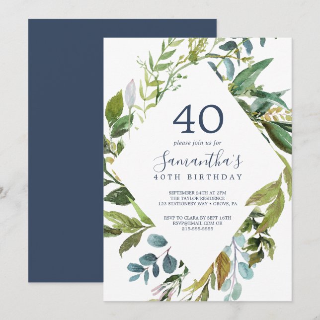 Summer Greenery Diamond Wreath 40th Birthday Invitation (Front/Back)
