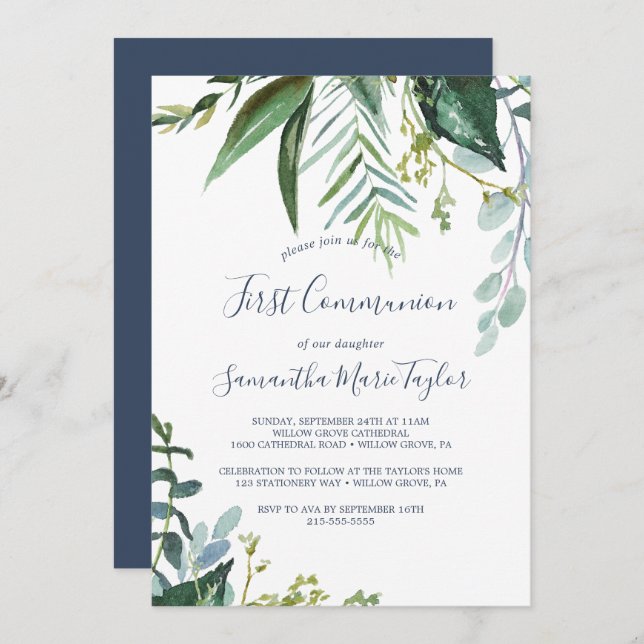 Summer Greenery First Communion Invitation (Front/Back)