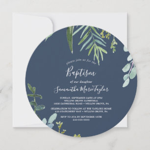Summer Greenery Navy Round Baptism Invitation