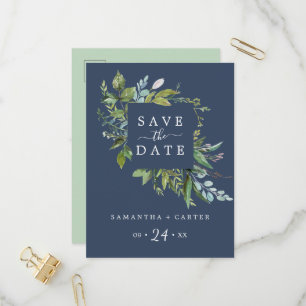 Summer Greenery Navy Save the Date Postcard