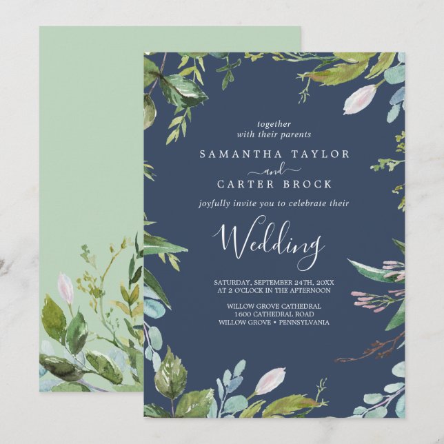 Summer Greenery | Navy Wedding Invitation (Front/Back)