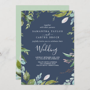 Summer Greenery   Navy Wedding Invitation