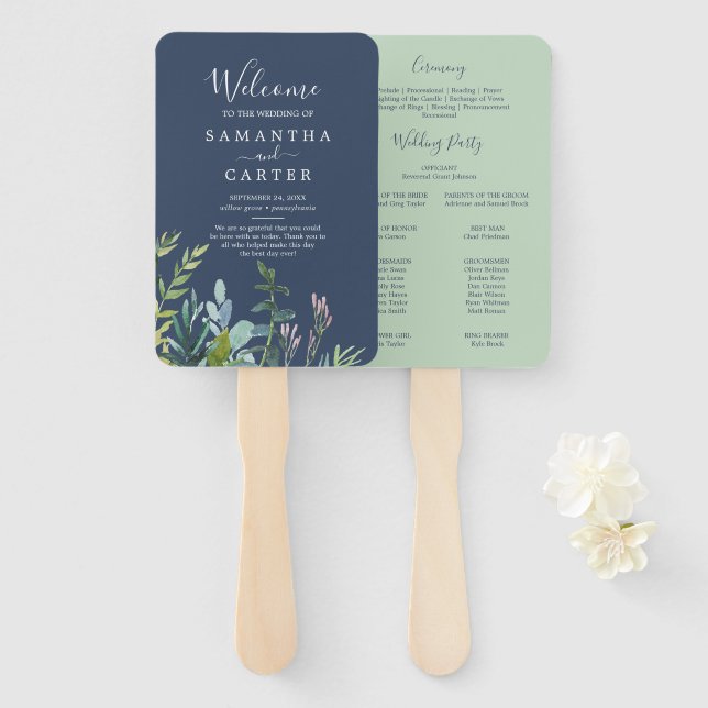 Summer Greenery Navy Wedding Program Fan (Front and Back)