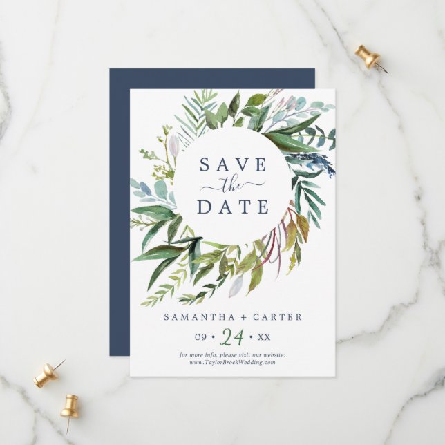 Summer Greenery Save the Date Card (Front/Back In Situ)