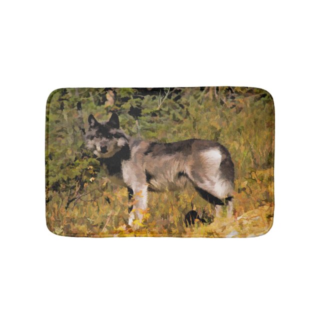 Summer Grey Wolf and Wilderness Forest Bath Mat (Front)