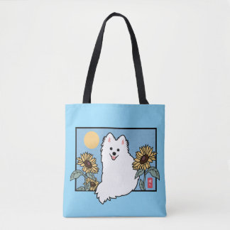 Summer Happy Spitz Dog sitting with Sunflowers Tote Bag