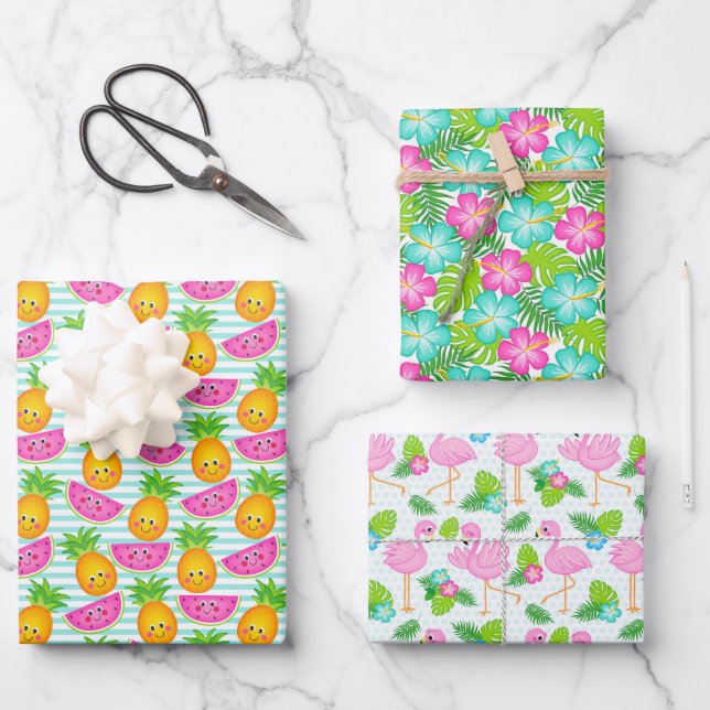 Summer Hawaiian Tropical Hibiscus, Fruit & Birds Wrapping Paper Sheet (Front)