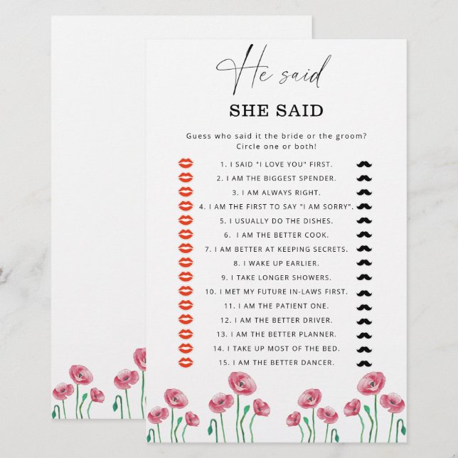 Summer He said she said bridal shower game (Front/Back)