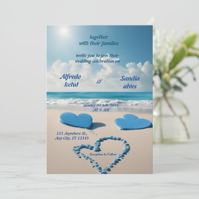 summer hearts beach ocean blue wedding  invitation (Standing Front)