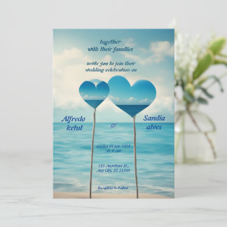 summer hearts beach ocean blue wedding invitation