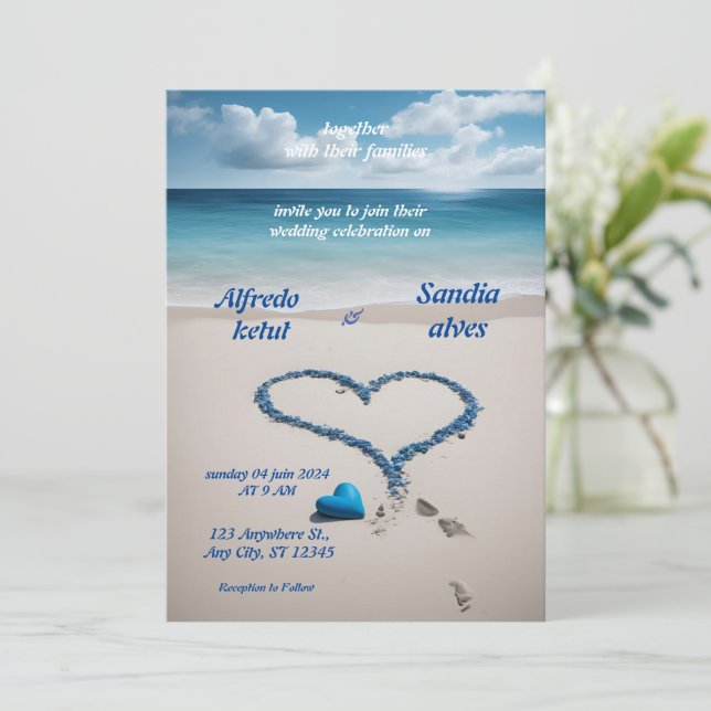 summer hearts beach ocean blue wedding  invitation (Standing Front)