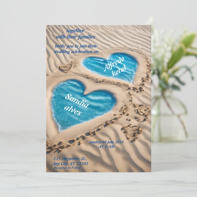 summer hearts beach ocean blue wedding  invitation (Standing Front)